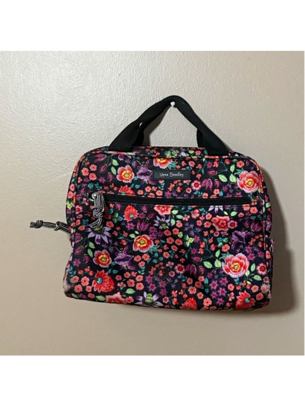Vera Bradley Floral Insulated Fabric Lunch Bag w/ Handle, Zipper Lid, Black